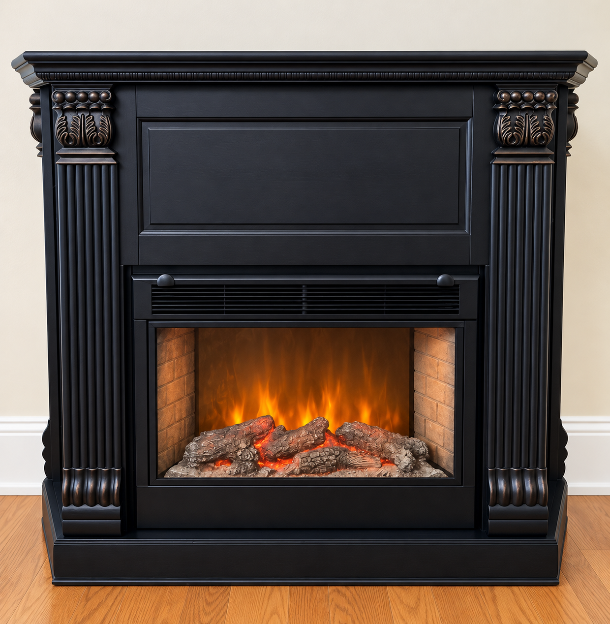 Black electric fireplace with ornate carved details