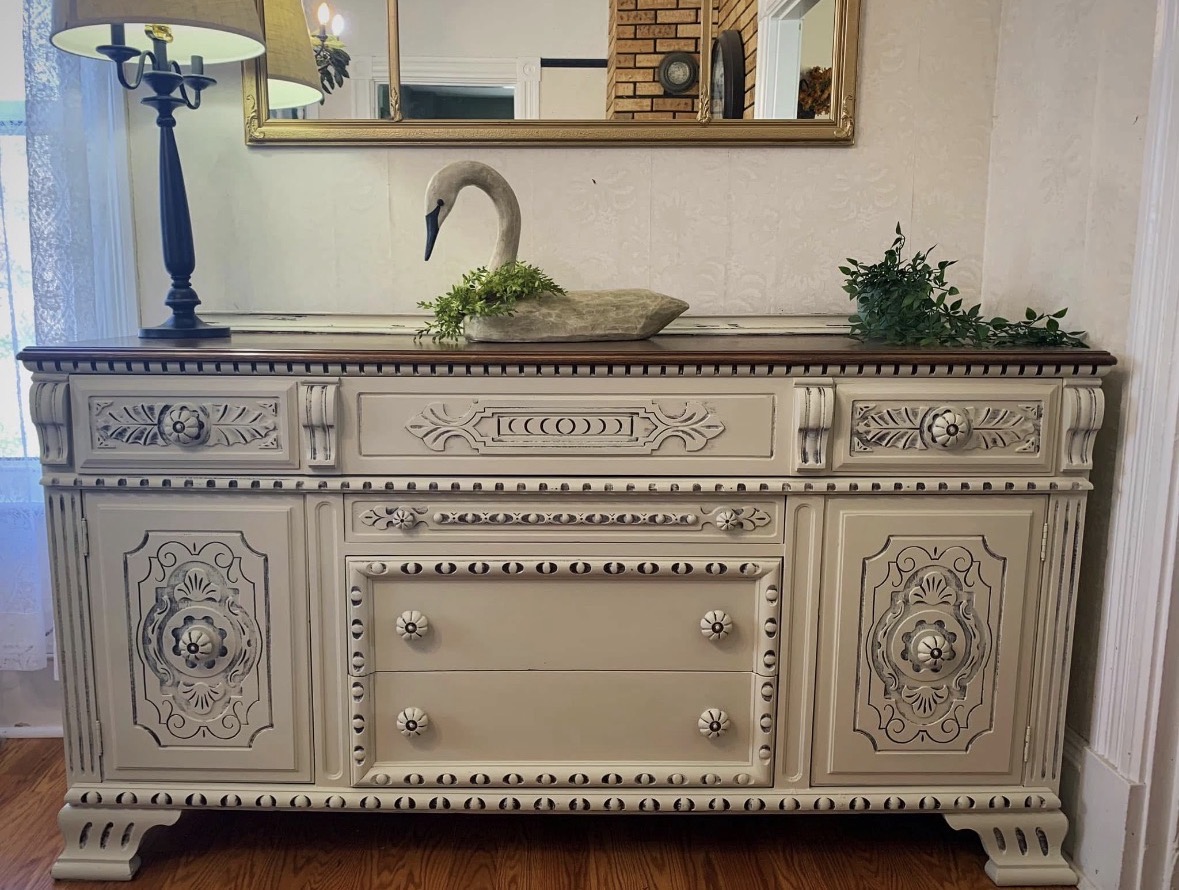Same ornate sideboard refinished in cream with a dark wood top